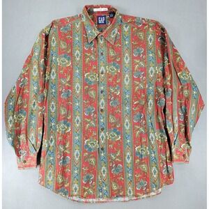 Vintage 90s Gap Button Up Paisley Floral Pattern Shirt XL Red Striped Fancy